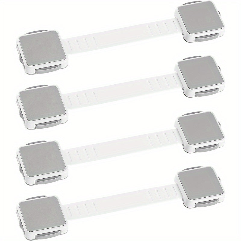 Set of 4 Gray Safety Strap Locks for securing fridge, drawers, oven, cabinets, toilet, dishwasher without the need for drilling. Features adhesive for easy installation.