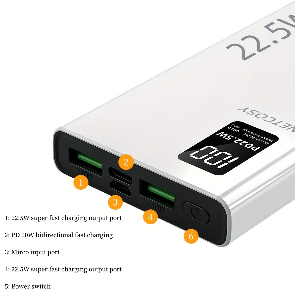 10000mAh power bank with 22.5W fast charging for iPhone, Xiaomi, and Samsung devices.