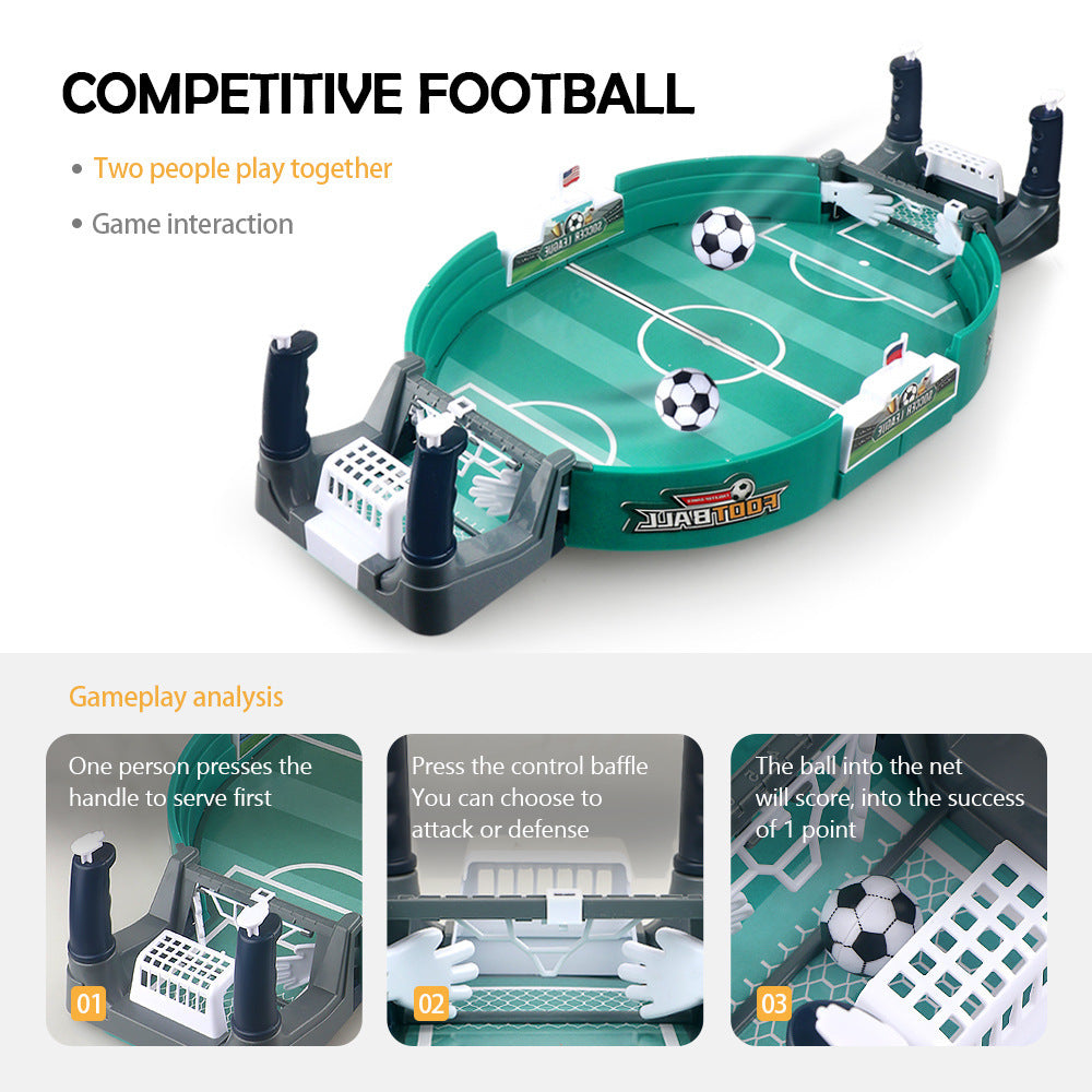 Interactive tabletop soccer game for kids including 5 balls, made of plastic. Perfect gift for Valentine's Day, Easter, birthdays. Suitable for ages 3 and up.