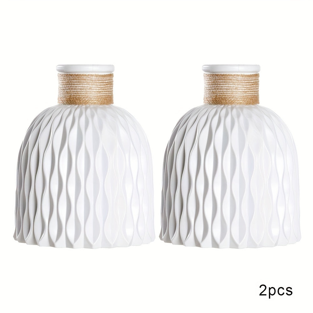 2 Bohemian white plastic vases, 14.99cm tall, for artificial flowers - ideal for weddings and home decor.