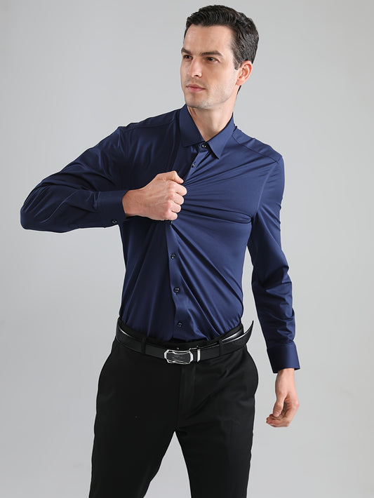 Men's Formal Long Sleeve Dress Shirt - Stretch Polyester, Solid Color, No Pocket, Button-Up, Collared, Machine Washable for Business and Casual Wear, Versatile Dress Shirt|Classic Collared