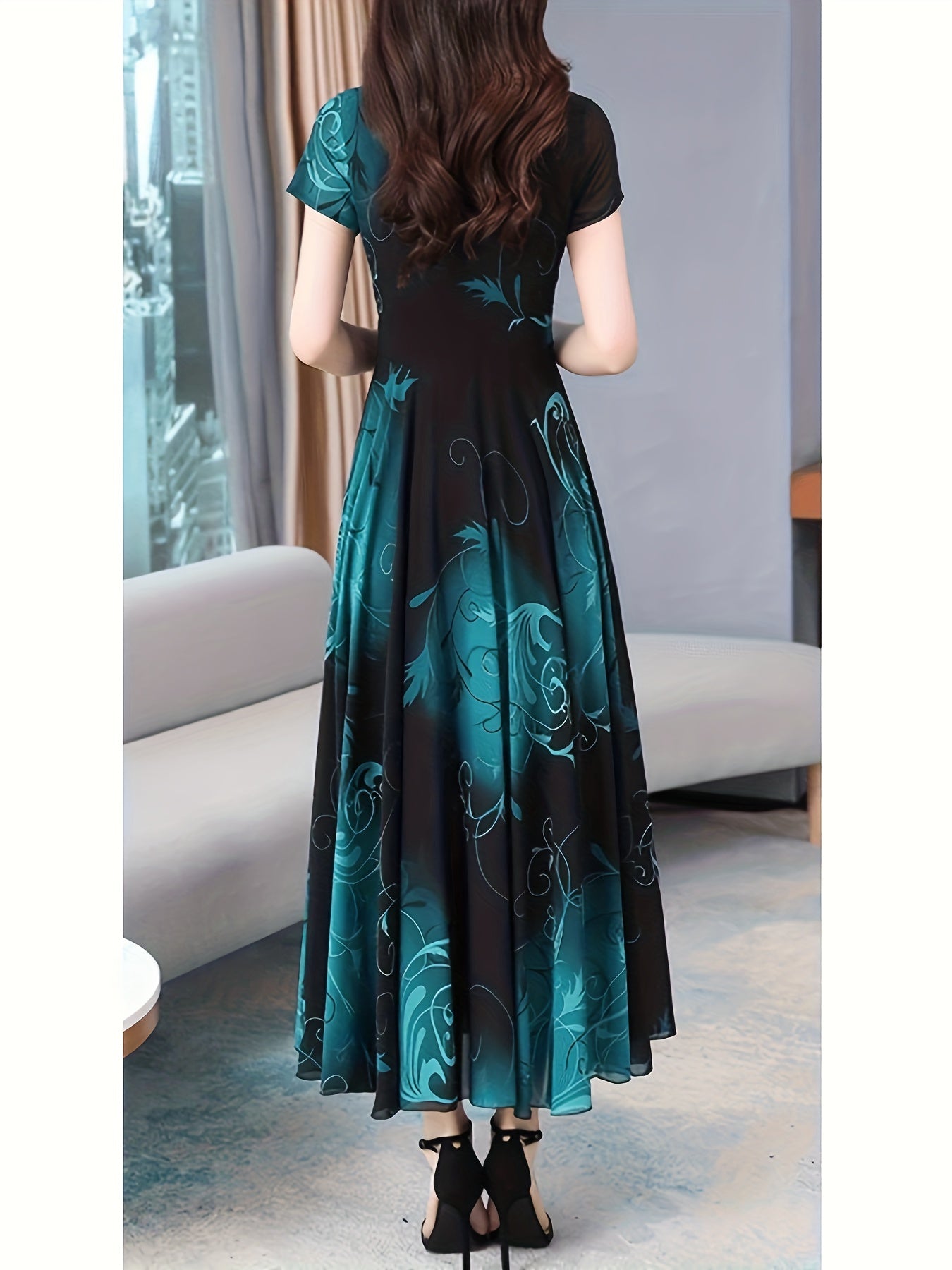 Polyester women's dress with floral print, round neck, hand wash only, suitable for spring/autumn, no stretch or see-through.