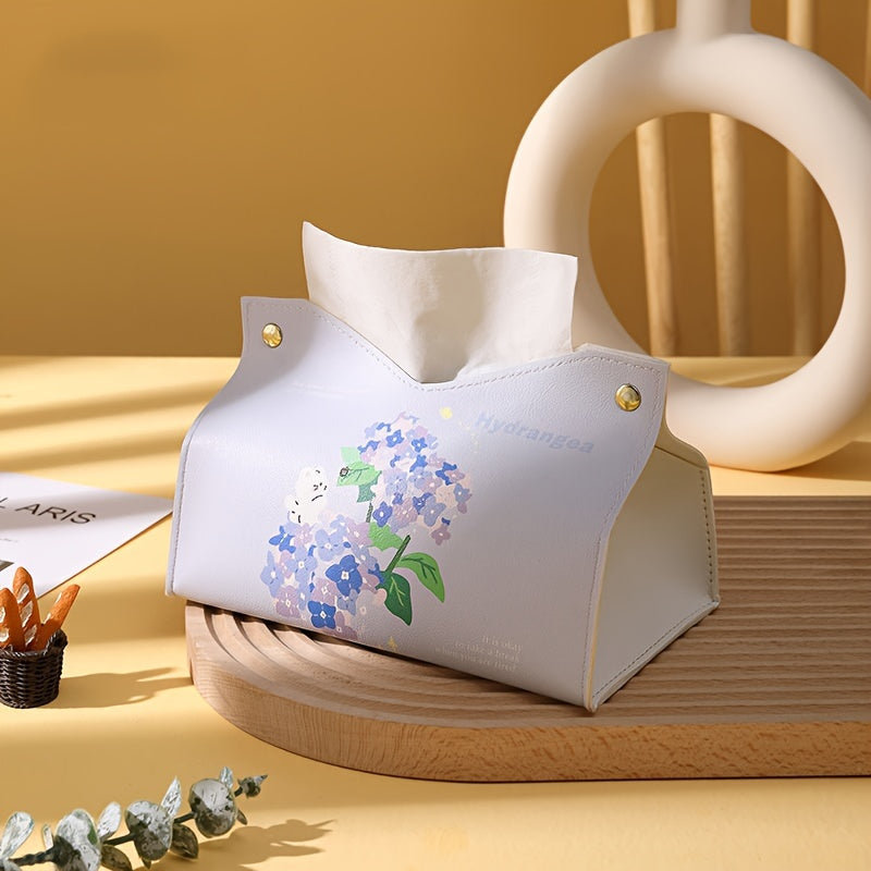 PU leather tissue box with floral print, suitable for bathroom or living room décor.