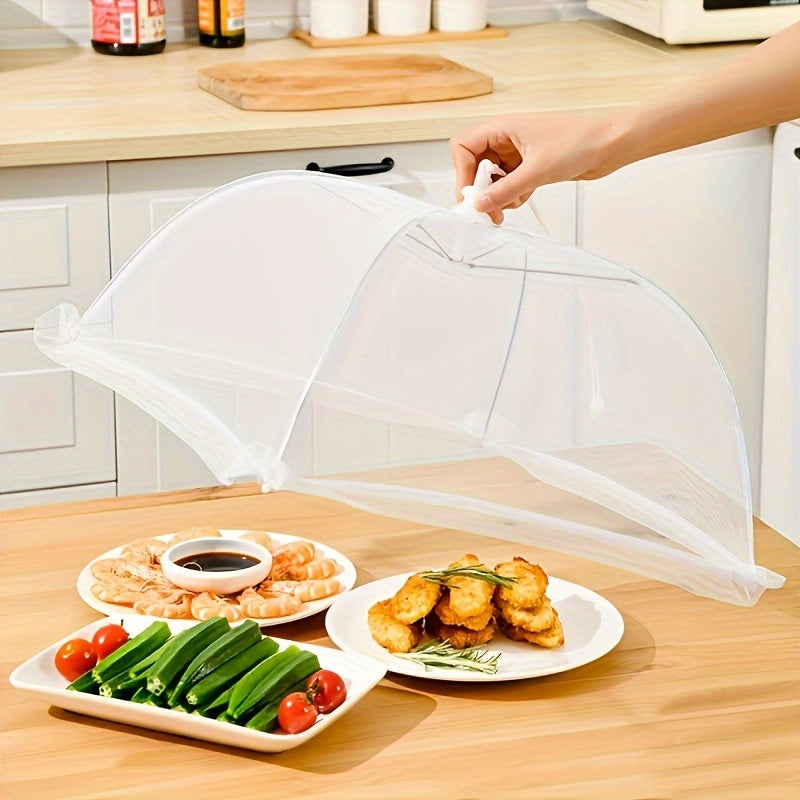 Stainless steel food cover tent for picnics and indoor dining, protects from insects and dust.