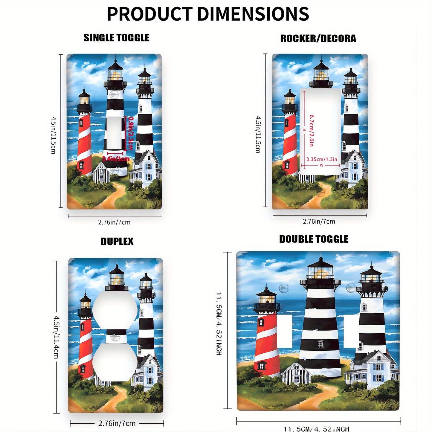 Nautical themed lighthouse light switch cover for indoor/outdoor decor with screw-in mount, no electricity needed, easy to clean.