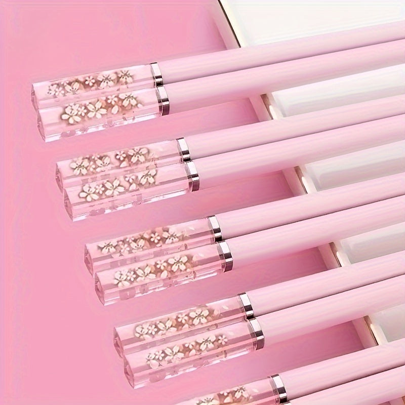 Five pairs of pink alloy chopsticks with cherry amber, perfect for home dining in Chinese and Korean style, ideal for fast food, noodles, sushi sticks, and ramen.