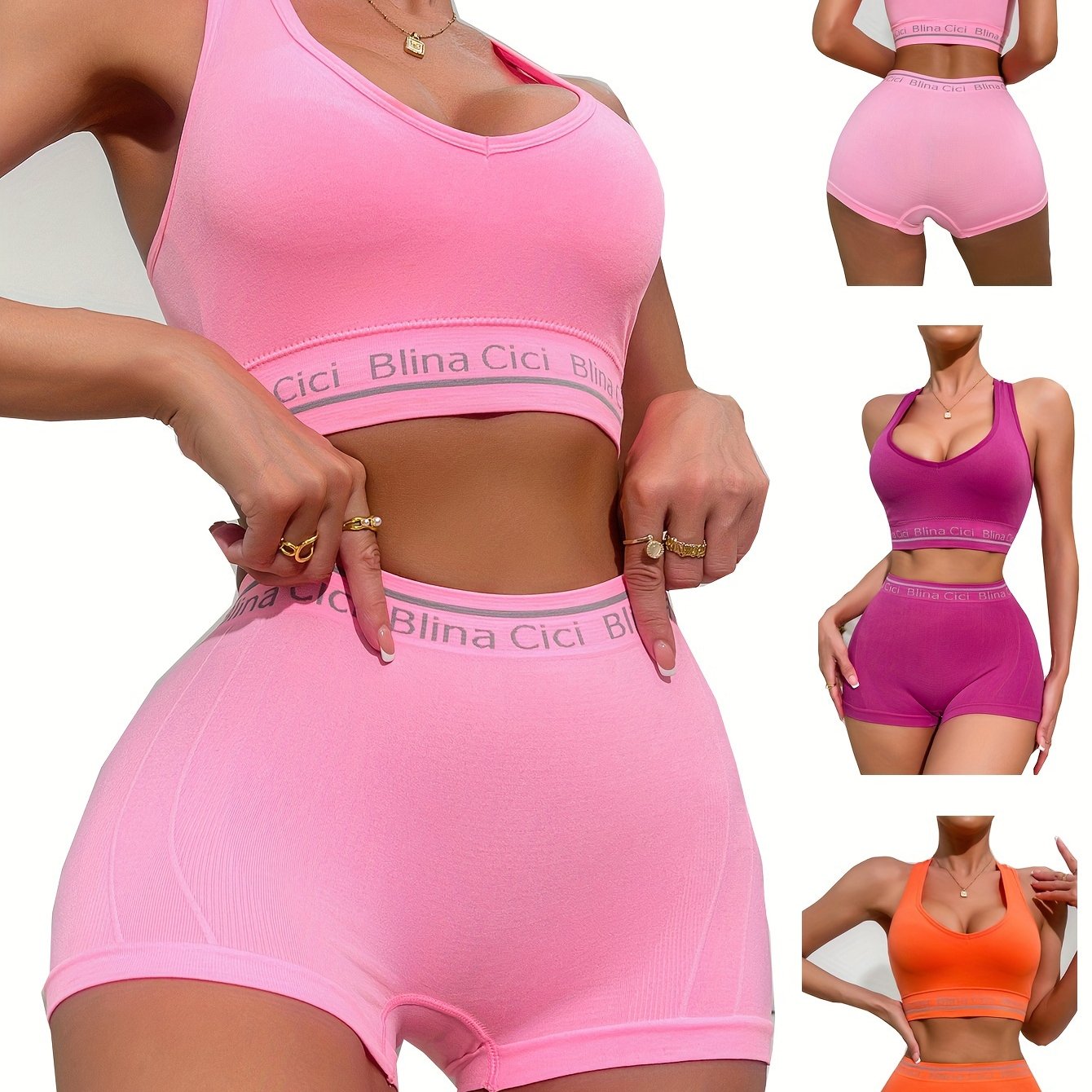 Sporty lingerie set includes racerback bra and boxer shorts for jogging or gym.