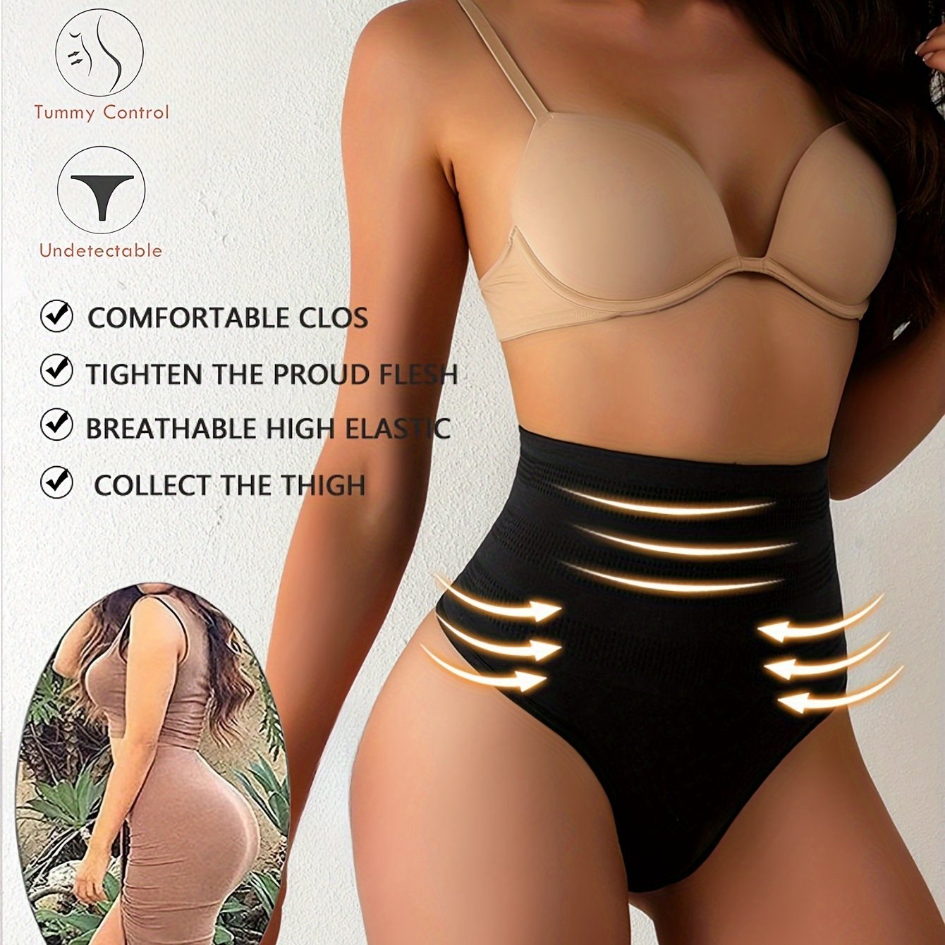 High waist shaping thong for women with tummy control and buttocks lifting and shaping features.