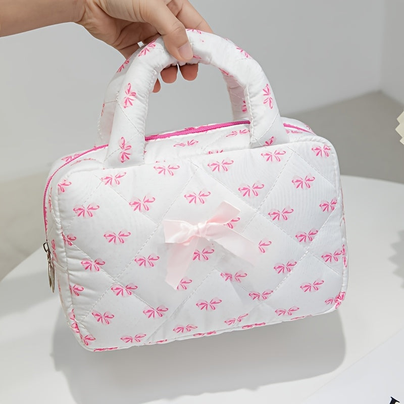 Spacious portable makeup organizer with chic rose print and bowknot detail, made of non-waterproof polyester.