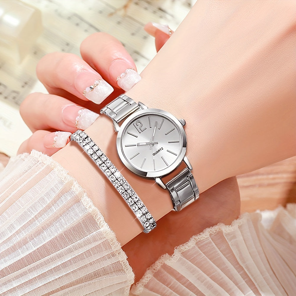 6pcs set of chic stainless steel quartz watch with rhinestone bracelet - ideal gift for Valentine's, Easter, birthdays, and more.