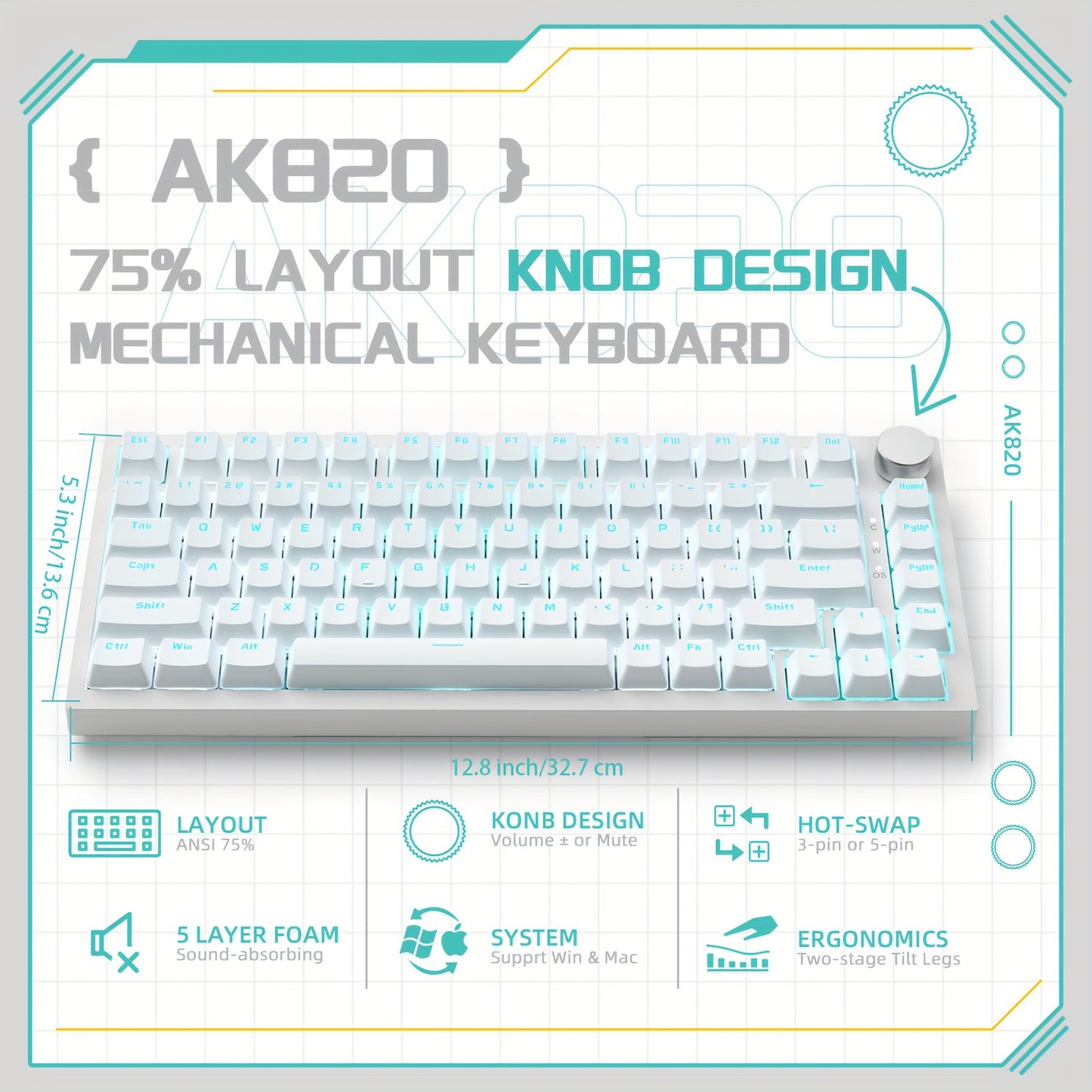 The AK820 is a 75% wired mechanical gaming keyboard with a knob, hot-swappable sockets, sound-absorbing foam, gaskets, 82 keys, white LED backlighting, NKRO red switches, and is compatible