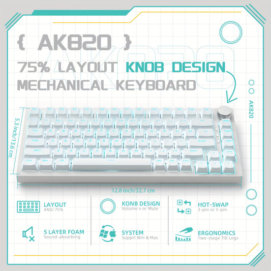 AK820 - bu 75% simli mexanik o'yin klaviaturasi bo'lib, u tugmachasi, issiq almashtiriladigan soketlari, ovozni so'radigan ko'pik, gaskets, 82 ta tugma, oq LED yoritilishi, NKRO qizil kalitlari mavjud va mos keladi.