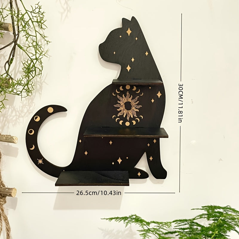 Black cat wall shelf for living room or bedroom decoration, perfect for plants, crystals, and scented candles for special occasions.