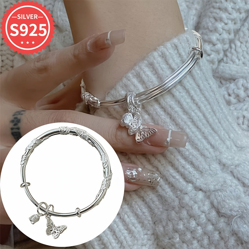 925 Sterling Silver Adjustable Bangle featuring a Chic Flower & Butterfly Pendant - Comes with Hypoallergenic, Anti-Tarnish Gift Box