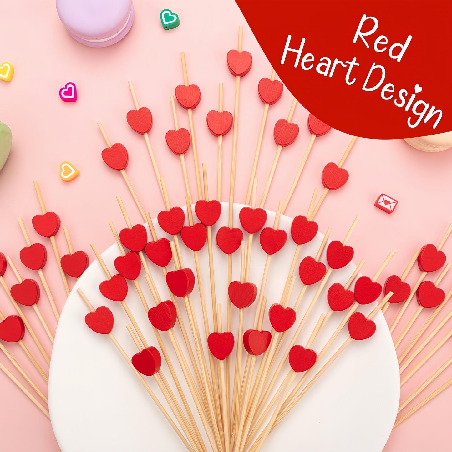 100pcs red heart cocktail picks, 11.94 cm bamboo skewers for bridal shower, wedding, and Valentine's party. Great for decorating food and drinks.