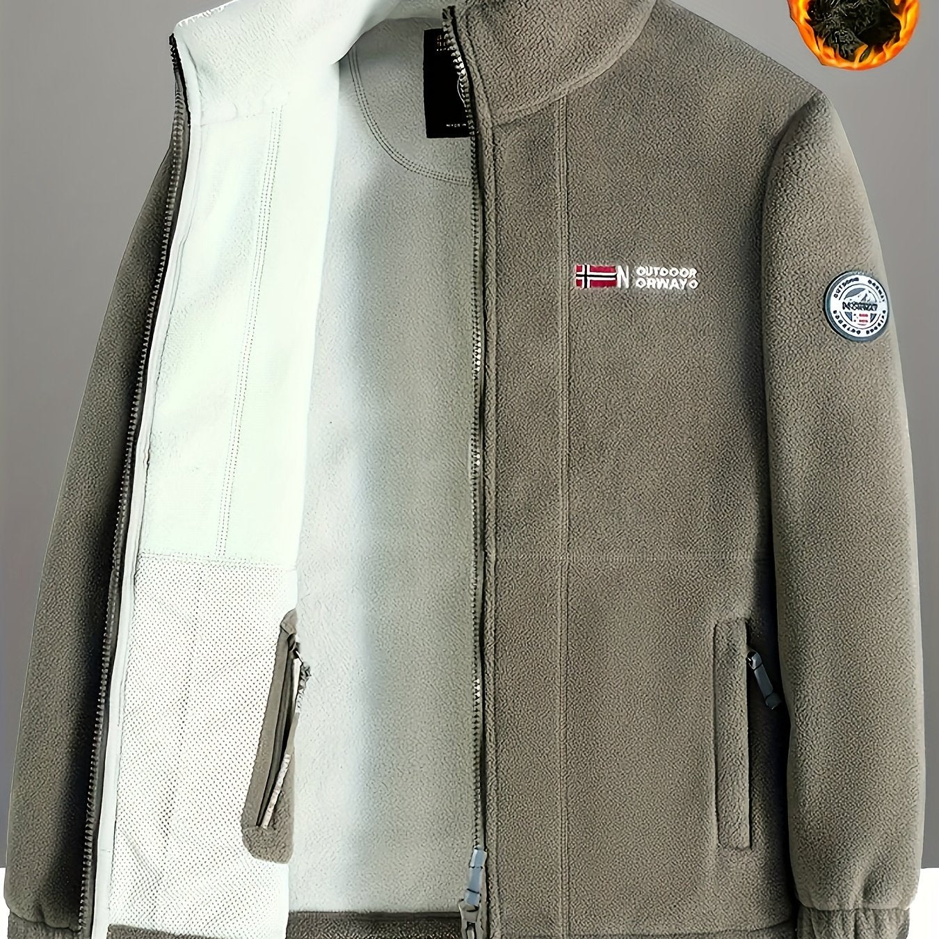 Men's winter fleece jacket with stand collar and zippered pockets, ideal for outdoor activities. Thick, windproof, and warm. Made from polyester fleece.