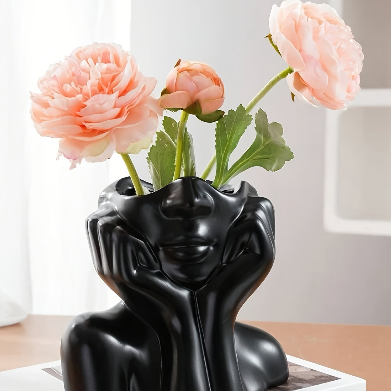 Resin vase with human face design, Nordic home decor, white double-handled vase for tabletop floral display.