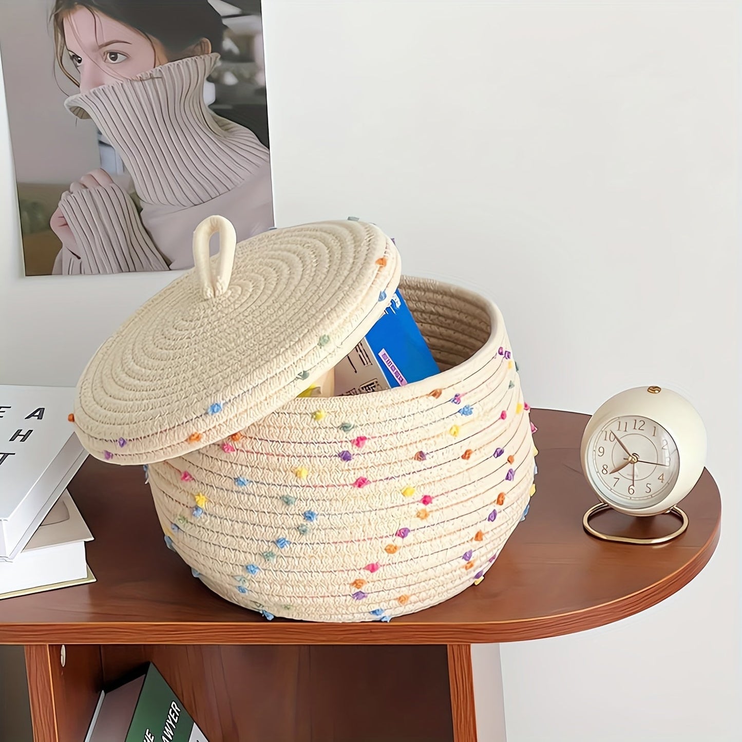 Stylish Woven Storage Basket with Lid, Vibrant Polka Dot Design, 25.4x15.24cm Round Rope Organizer for Toys and Sundries - Ideal for Home Decor & Gift Giving