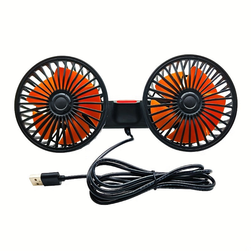 This car fan features dual-head rear fans that provide powerful airflow with 3-speed settings and 5 blades. It has an adjustable angle with 360-degree rotation for high air volume and low noise operation. The fan effectively promotes air circulation