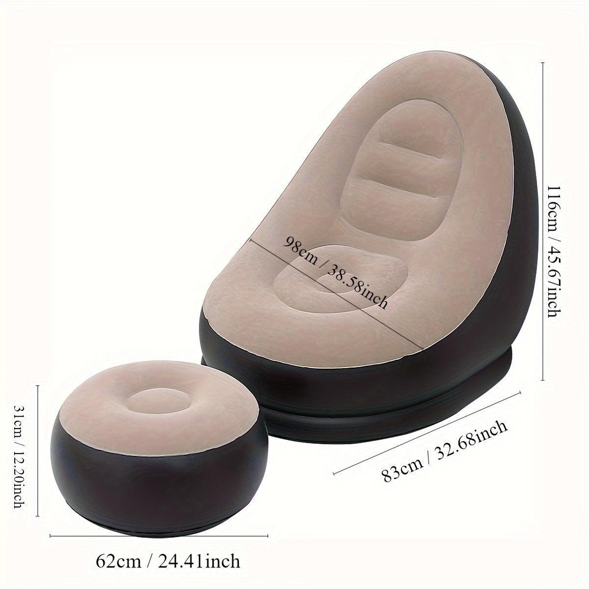 The Inflatable Lazy Sofa Chair with Footrest is a portable and foldable outdoor lounger made of comfortable velvet fabric. It is easy to clean and can be used for various purposes. No assembly is required, and it includes an inflation pump. It is