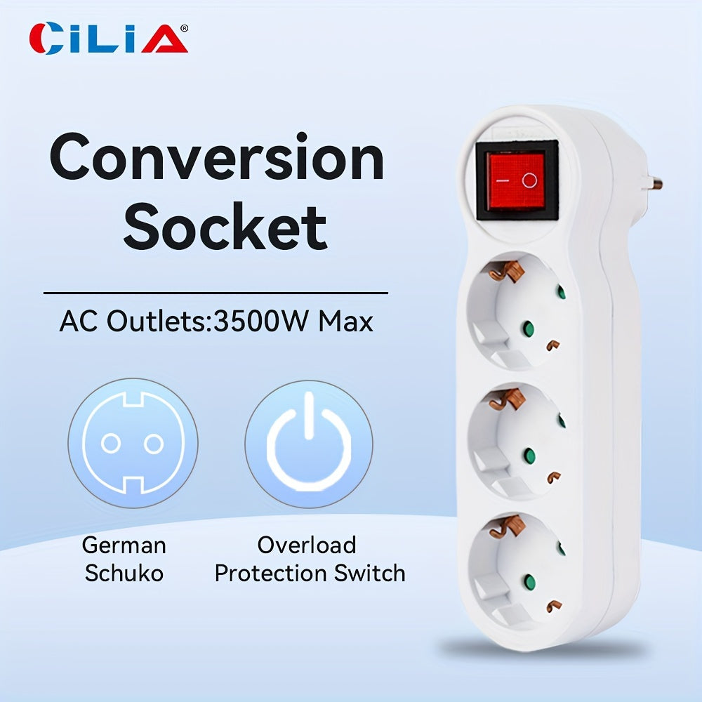 CILIA European Standard Wall Outlet with Switch: Shock-proof, 3500W power, overload protection, portable for home and office use in white color.