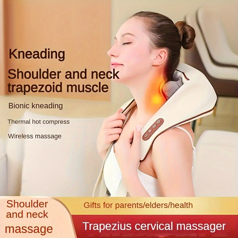 Wireless massage device with adjustable strength and heat compress for shoulder and neck relief, suitable for home and travel.