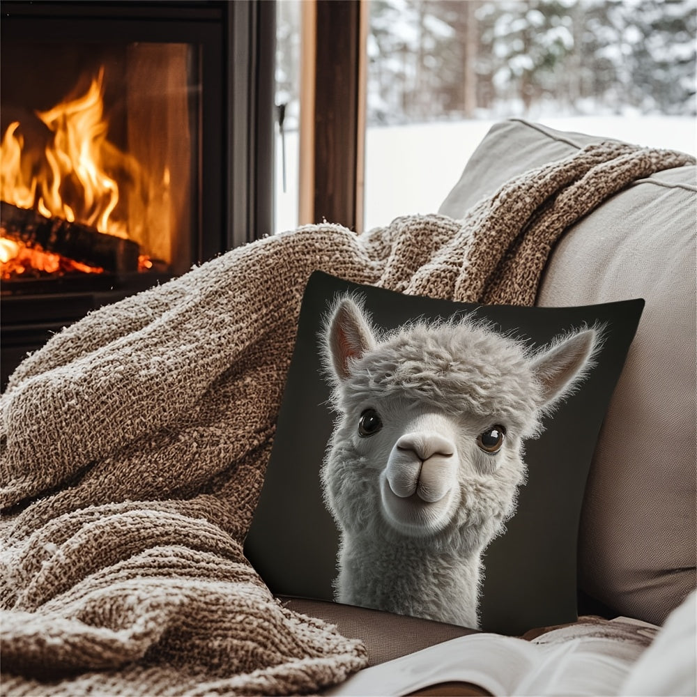 Soft Christmas Pillow Cover featuring an Alpaca Portrait, Double-Sided Print, Hidden Zipper, Perfect for Winter, Valentine's, Easter, Office, Home, Sofa, and Living Room Decor. No insert included. Adorable Square-Shaped Cute Pillow to add a touch of