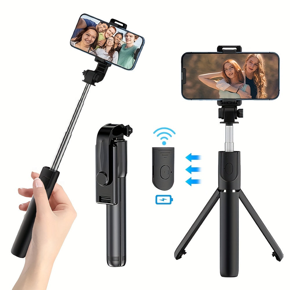 Specialized floor tripod with mini rotating phone holder and wireless selfie stick for stable vlogging and live streaming on the go.