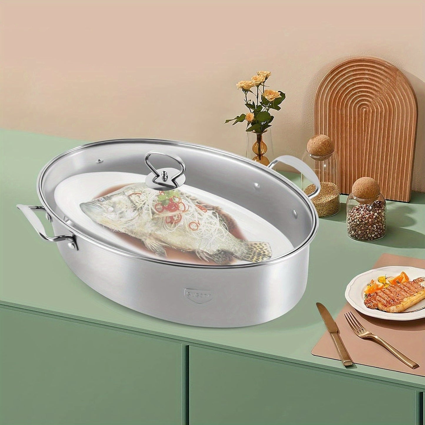 Multifunctional Stainless Steel Fish Steamer & Noodle Pot Set with Rack - Perfect for Cooking, Steaming, and Soup Making.