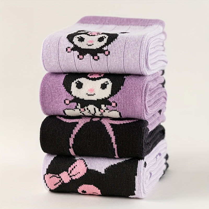 Sanrio Double Kulomi socks in purple with love bow pattern.