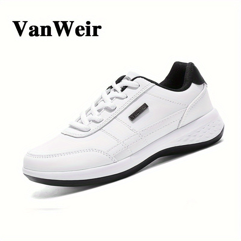 VanWeir men's casual sneakers feature PU upper, MD sole, fabric insole, and navy blue design with white and orange accents, perfect for all seasons.