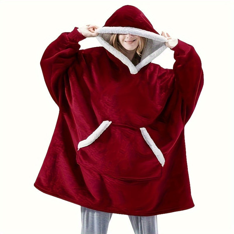 Stay warm and stylish in our cozy plaid fleece hooded blanket sweatshirt! With large pockets for convenience, this oversized wearable blanket is perfect for men and women. It's soft, warm, and machine washable, making it ideal for TV binge-watching.