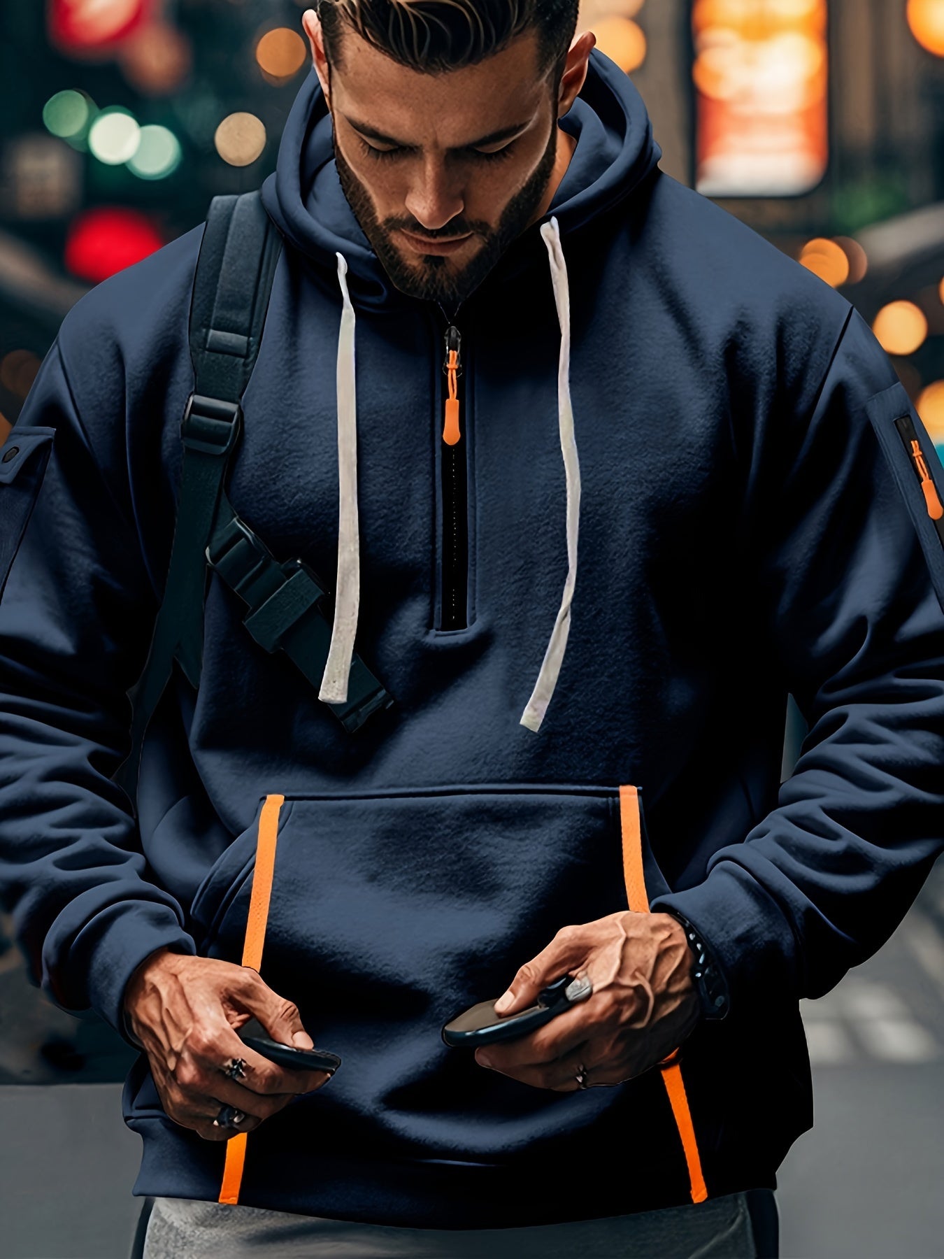 Men's navy blue fleece-lined hoodie with multiple zipper pockets, V-neck, and sporty pullover design for fall and winter.