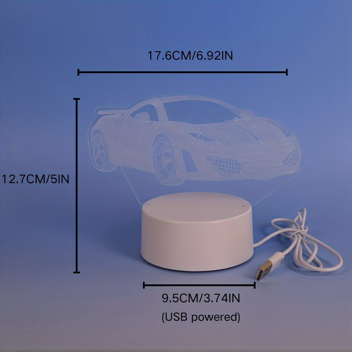 Modern 3D sports car night light, USB powered, perfect for gifts, no batteries needed, suitable for various rooms.