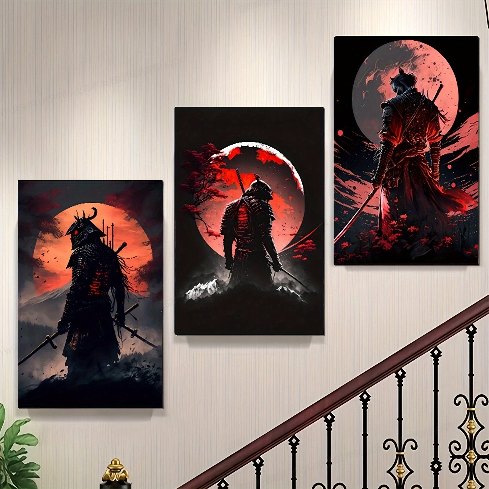 Japanese Samurai & Mountain Anime Canvas Art Prints - Set of 3 - Frameless - Retro & Modern Wall Decor for Living Room, Bedroom, Office