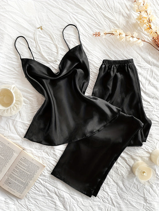 Solid satin pajama set with a sexy cowl neck, backless cami top, and relaxed fit pants for women.