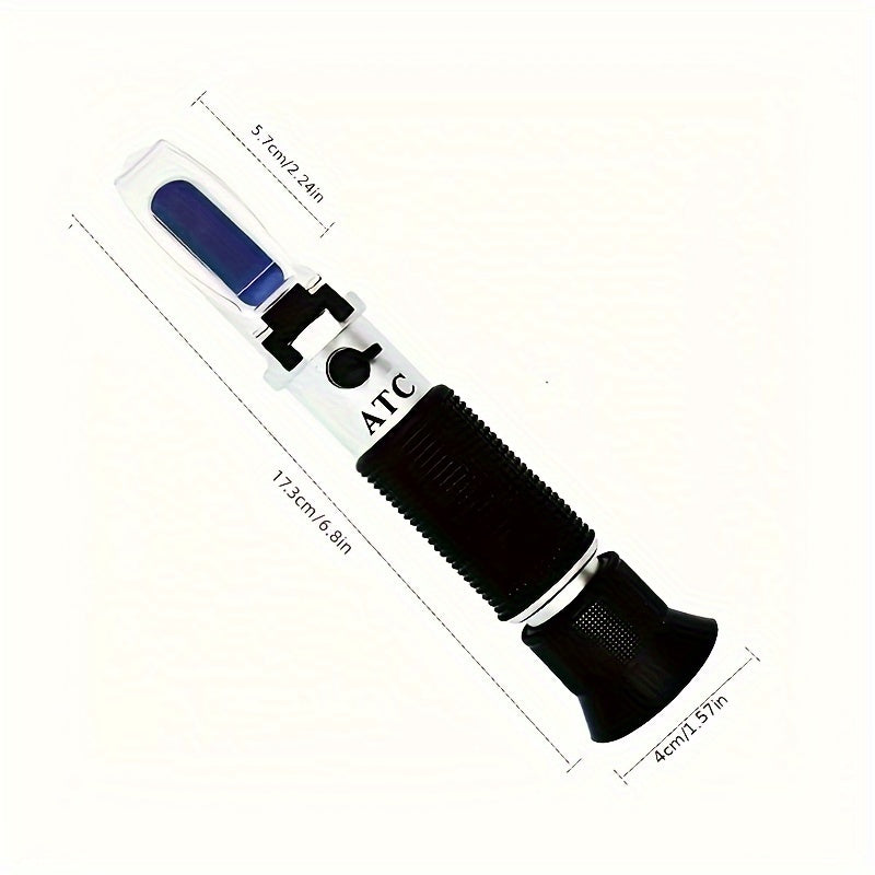 Handheld alcohol refractometer measures alcohol content and sugar concentration in wine, beer, and grapes up to 32% alcohol and Brix.