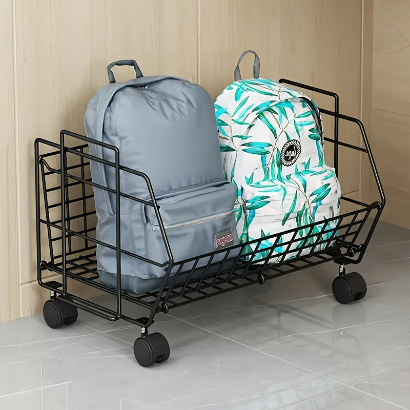 Spacious under-desk storage basket with wheels for backpacks and more. Sleek metal organizer with contemporary style, no electricity required.