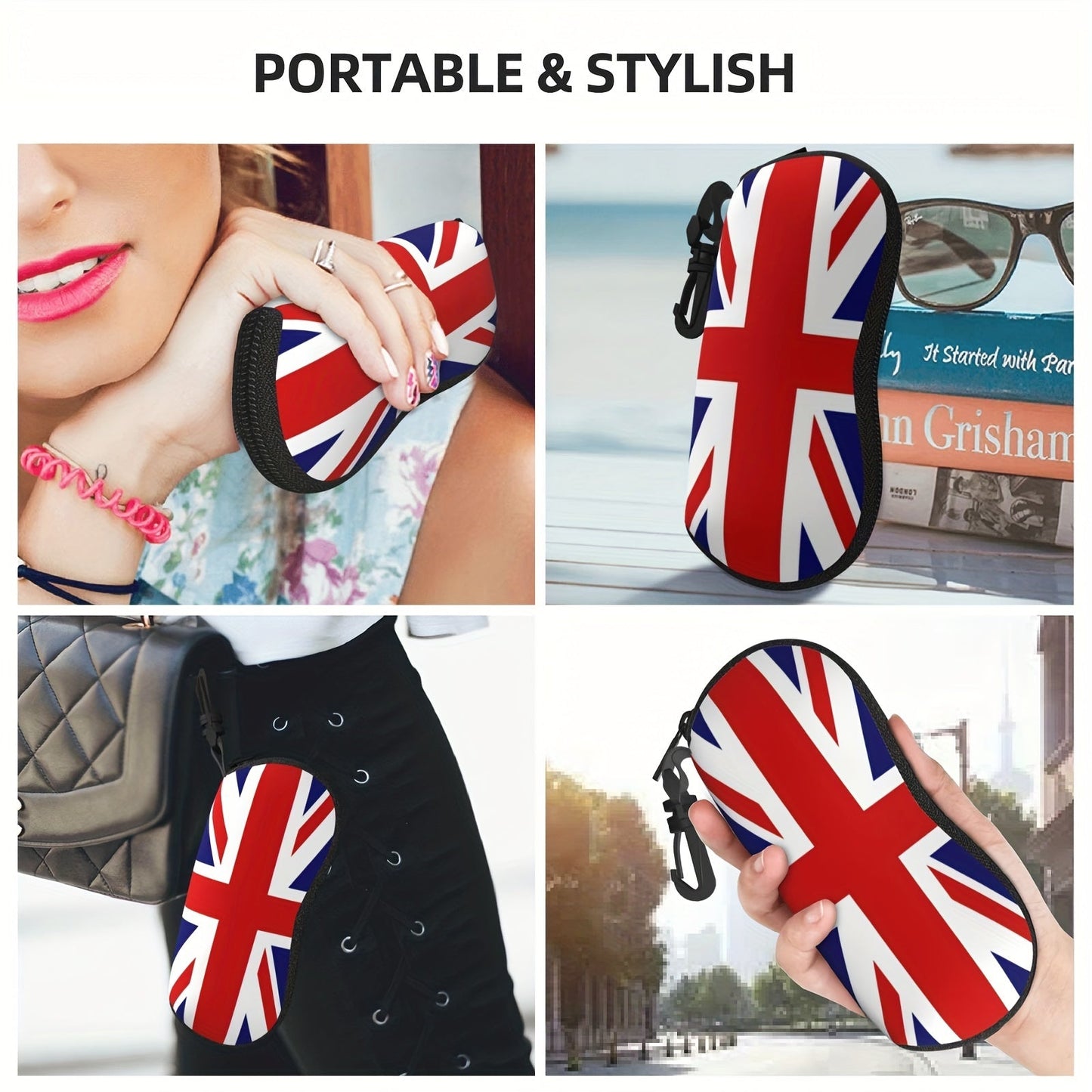 Waterproof glasses case featuring British flag print and keychain, made of ultra-light and soft neoprene material. Ideal for storing fashion eyewear and reading glasses, suitable for both men and women on the go.