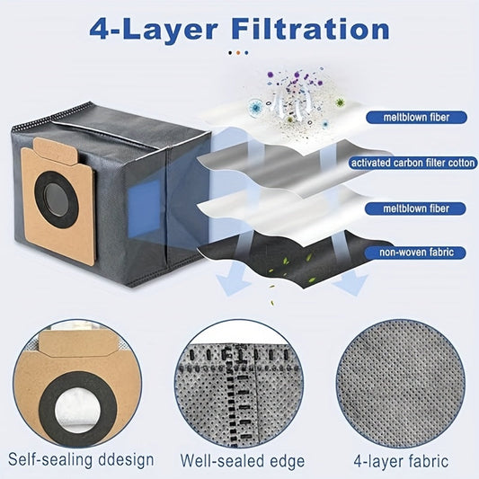 Eufy Dust Collection Bags available in 6-Pack or 10-Pack options, designed to fit X8 Pro & X10 Pro Omni Robot Vacuum models. Featuring a 3L large capacity and a durable 4-layer reinforced tear-resistant design made of polycarbonate material.