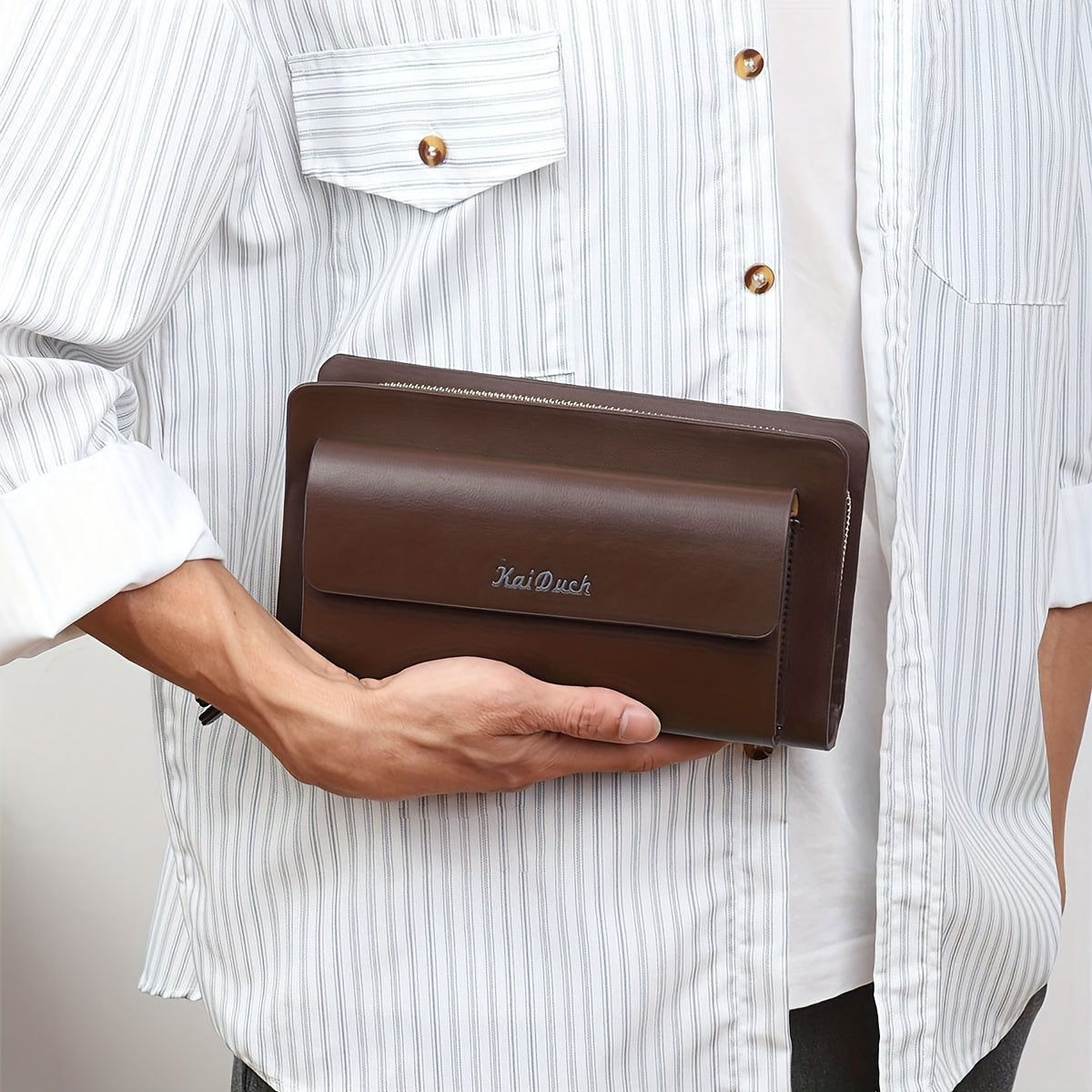 Men's vintage clutch with dual zipper, large capacity, multiple card slots - Ideal for business use and gifting.