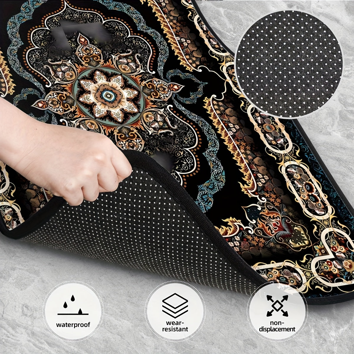 4pc Bohemian Pattern Car Rubber Mats, Non-Slip, Waterproof, Easy to Clean, Made from Synthetic Rubber for Front and Rear Vehicle Use.