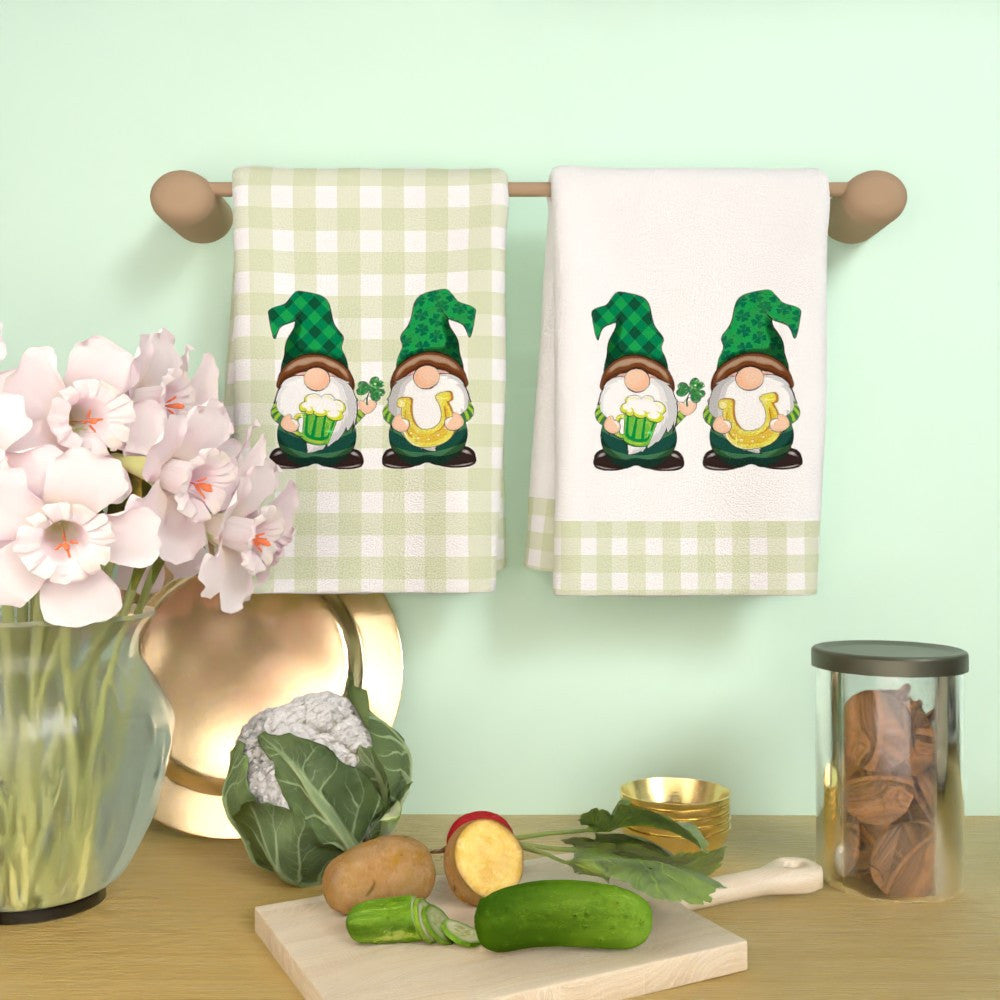 Two whimsical gnome St. Patrick's Day kitchen towels are included in this set. They measure 45.72x66.04cm and are made of soft, quick-dry, and highly absorbent polyester material. The decorative tea towels feature a green checkered background, perfect