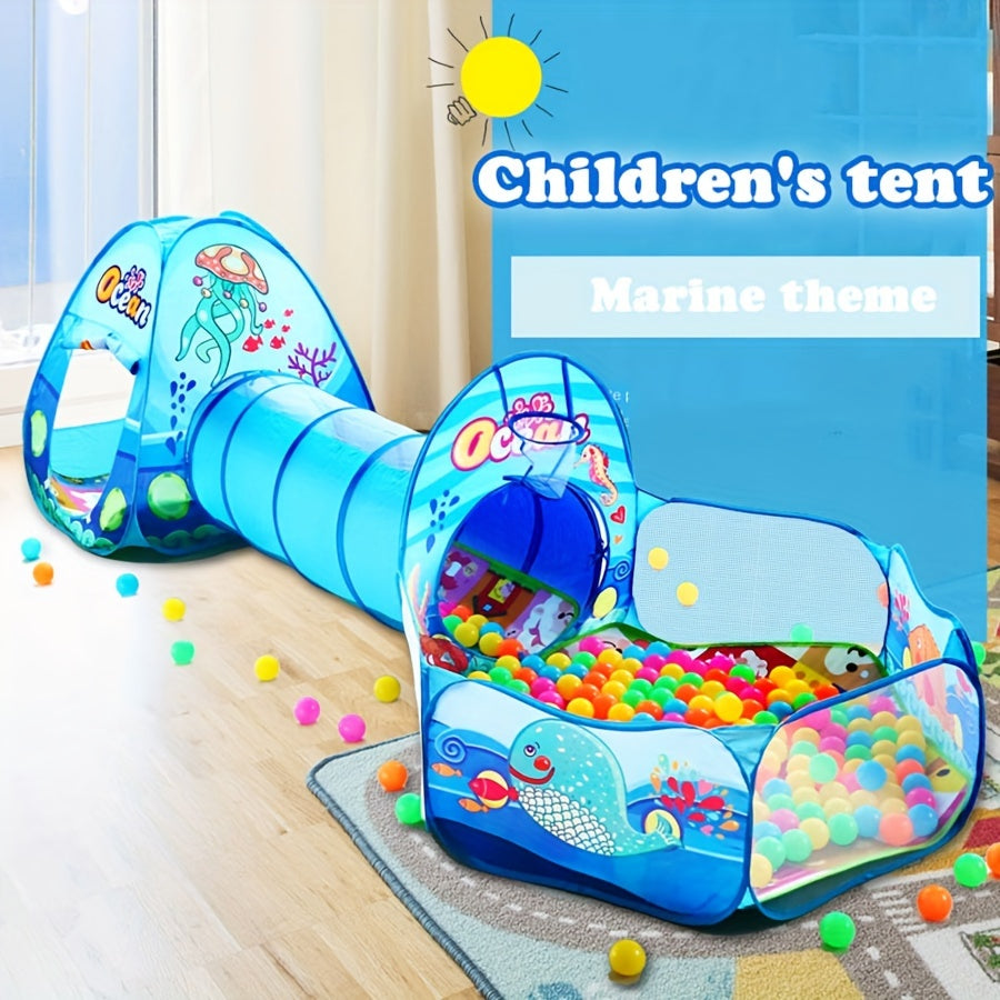 Children's 3-piece playset with ball pool, game tent, tunnel, and pop-up playhouse toys. Suitable for both boys and girls over 3 years old. Comes with a storage bag. Perfect birthday gift.