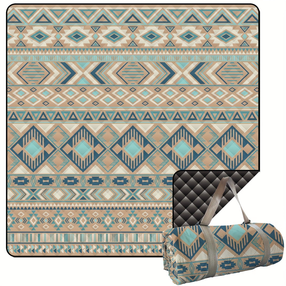 198.12cm x 198.12cm waterproof picnic and beach blanket made with durable 210D Oxford fabric. Tear-resistant, sand-free, and machine washable. Features a vibrant geometric pattern in blue