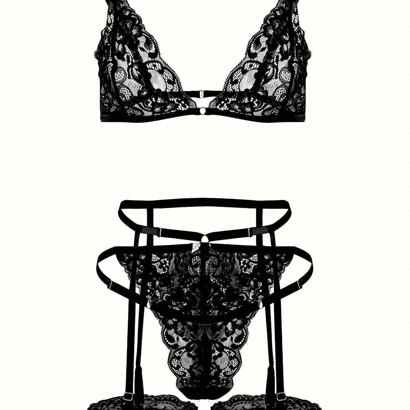 4-piece set of sexy lingerie with lace triangle cup bra, panties, suspender socks, and seduction ring in European and American styles.