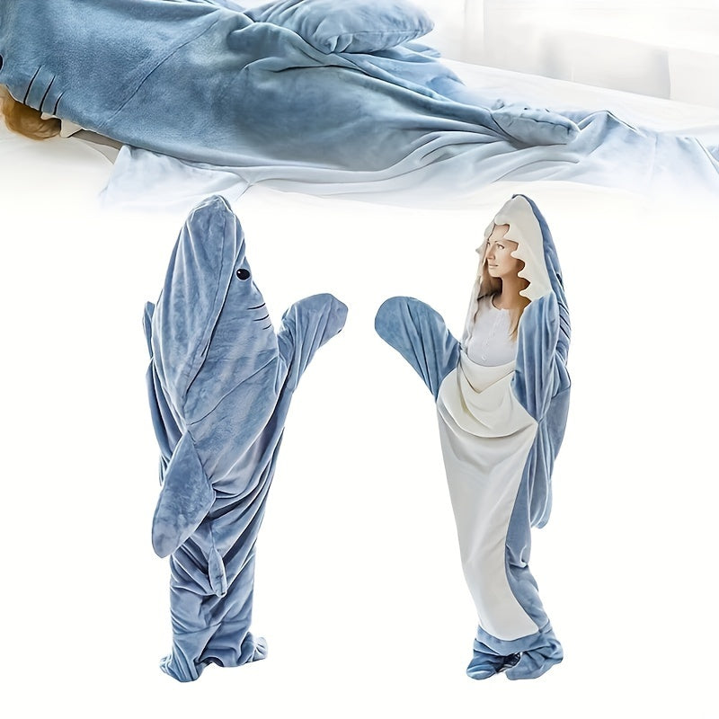 Gift for adults - Blue shark pattern hoodie blanket with a cute and interesting cartoon animal design. Made from cozy flannel, this wearable blanket is perfect for lounging on the sofa, bed, or even camping in the car.