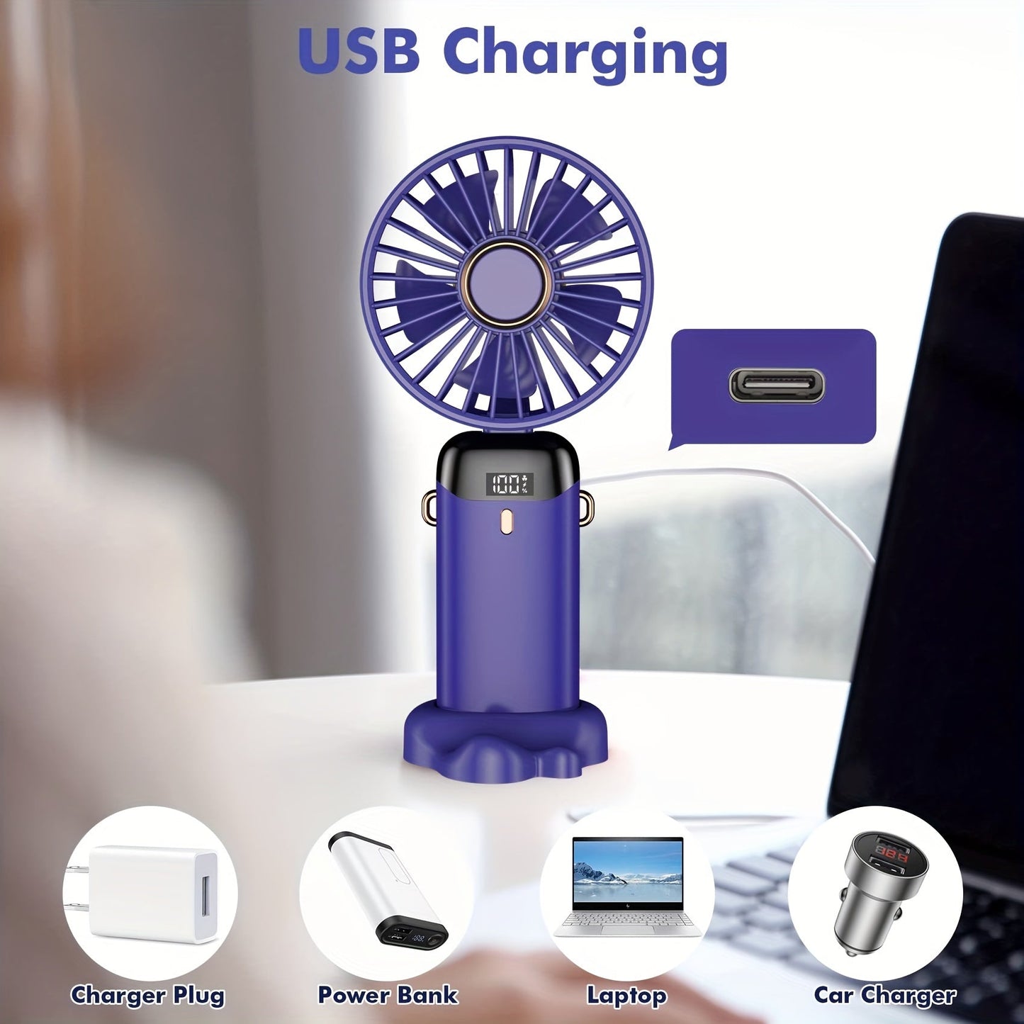 Portable Handheld Fan with LED Display - Rechargeable, Quiet Operation, Adjustable Angle, USB Powered Mini Fan for Indoor & Outdoor Use, Ideal for Office, Bedroom, Travel & Camping, Includes Base and Battery Option, Suitable for Desktop Use