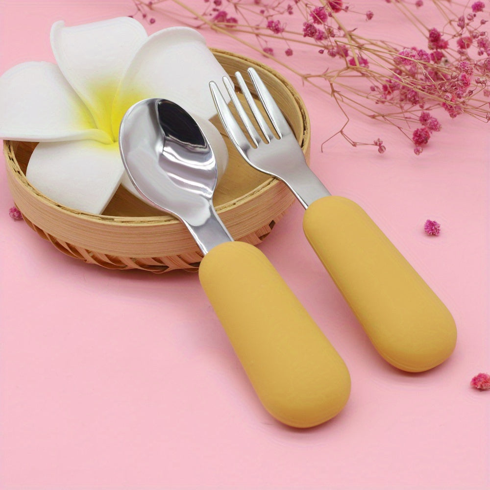 Set of 2 Stainless Steel Toddler Cutlery: Baby Fork and Spoon with Round Handles for Lunch Box - Safe and Perfect for Kids