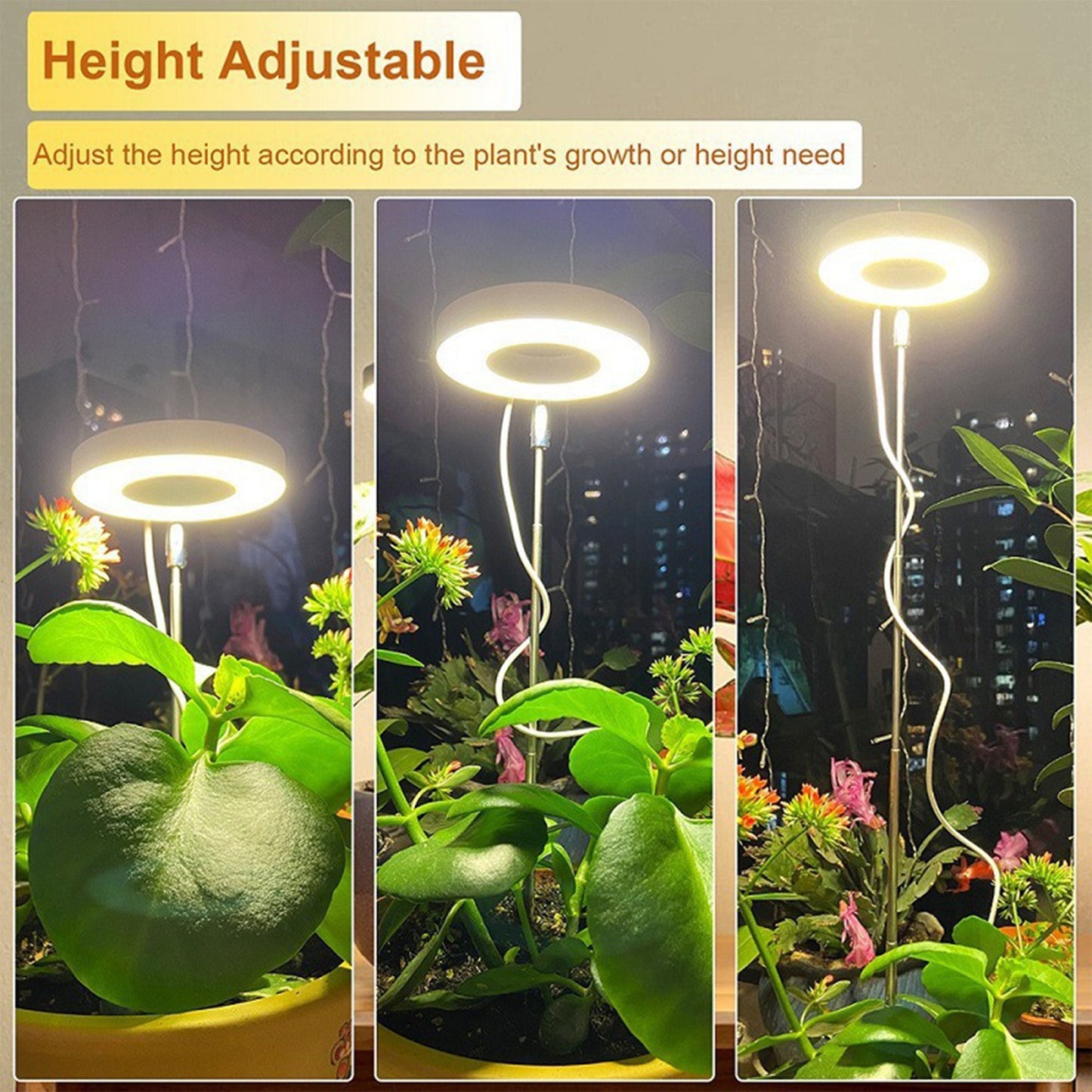 Adjustable LED plant growth lights with full spectrum, timer, and height options for indoor plants. Powered by USB for sowing and succulents.